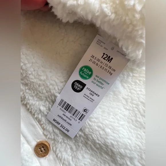 OshKosh B'gosh White Fleece Sherpa Baby Jacket NWT 12M - Picture 3 of 7